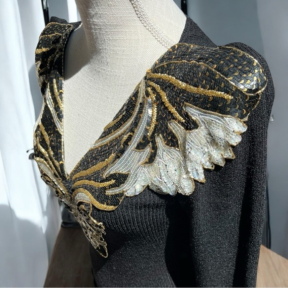 🌻VINTAGE 1980s Pat Sandler for Wellmore Black Knit Sequined Dress Tagged Size 8 - Picture 3 of 14
